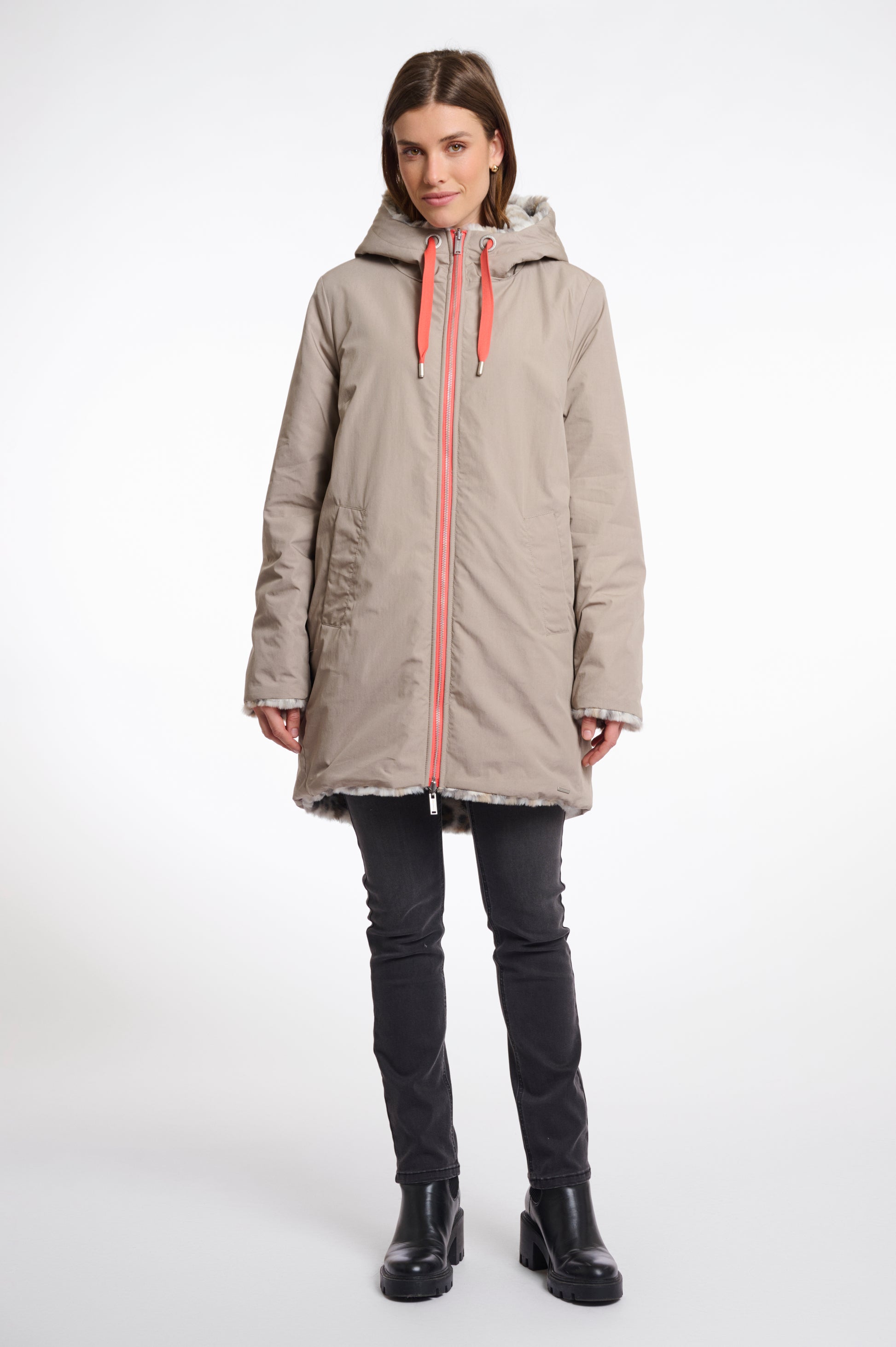 Rino & Pelle reversible parka in tan with orange zip