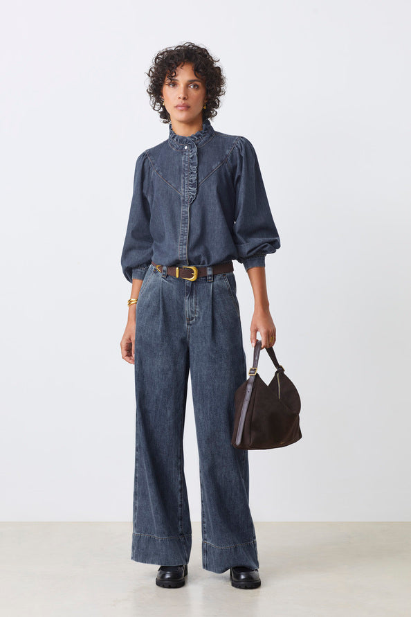 Suncoo - Lively Denim Blouse With Ruffled Details