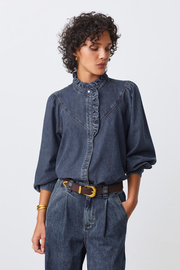 Suncoo - Lively Denim Blouse With Ruffled Details