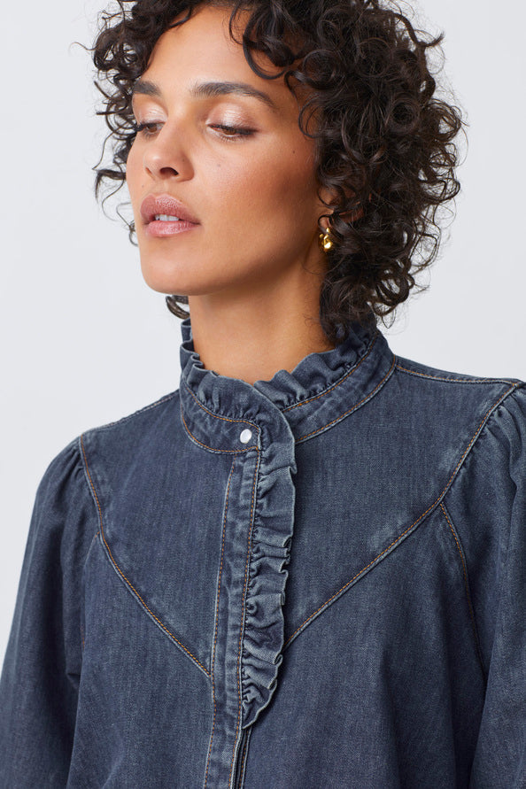 Suncoo - Lively Denim Blouse With Ruffled Details
