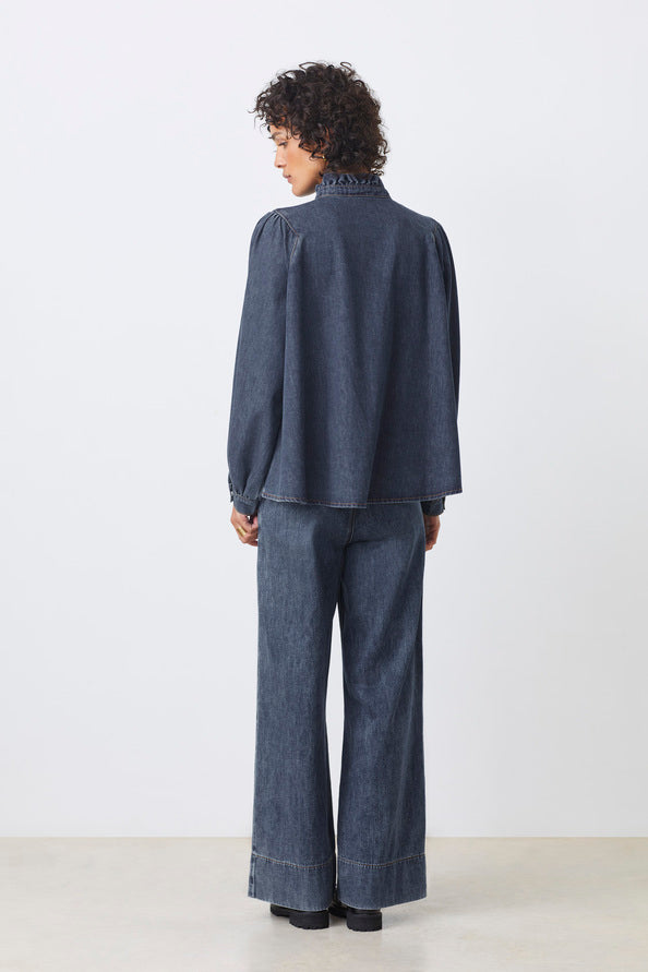Suncoo - Lively Denim Blouse With Ruffled Details