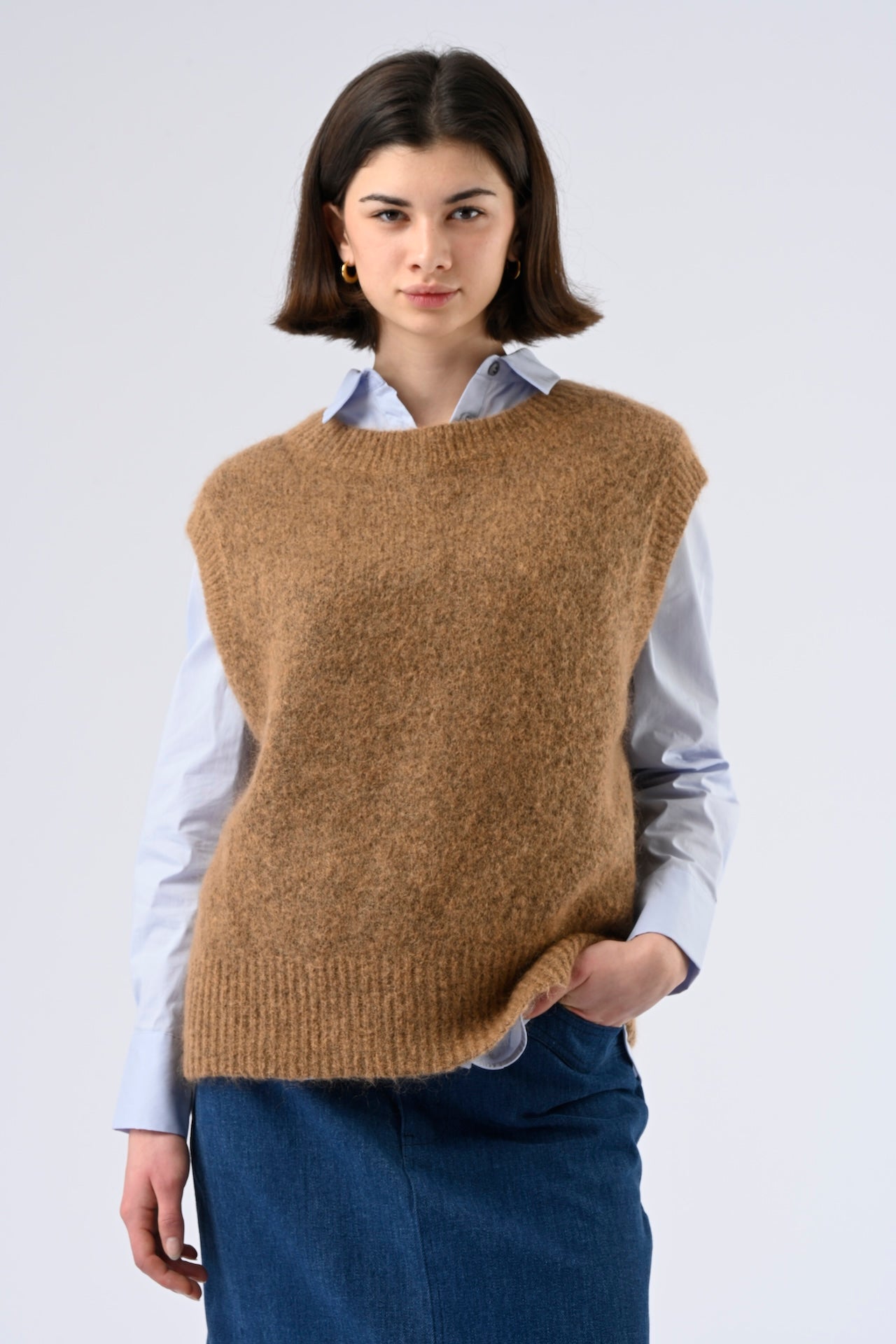 Orfeo hazelnut brown angora and wool sweater vest for layering