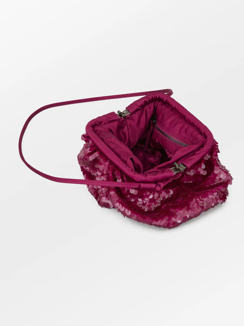 Beck Sondergaard Pink sequin crossbody handbag on white background 