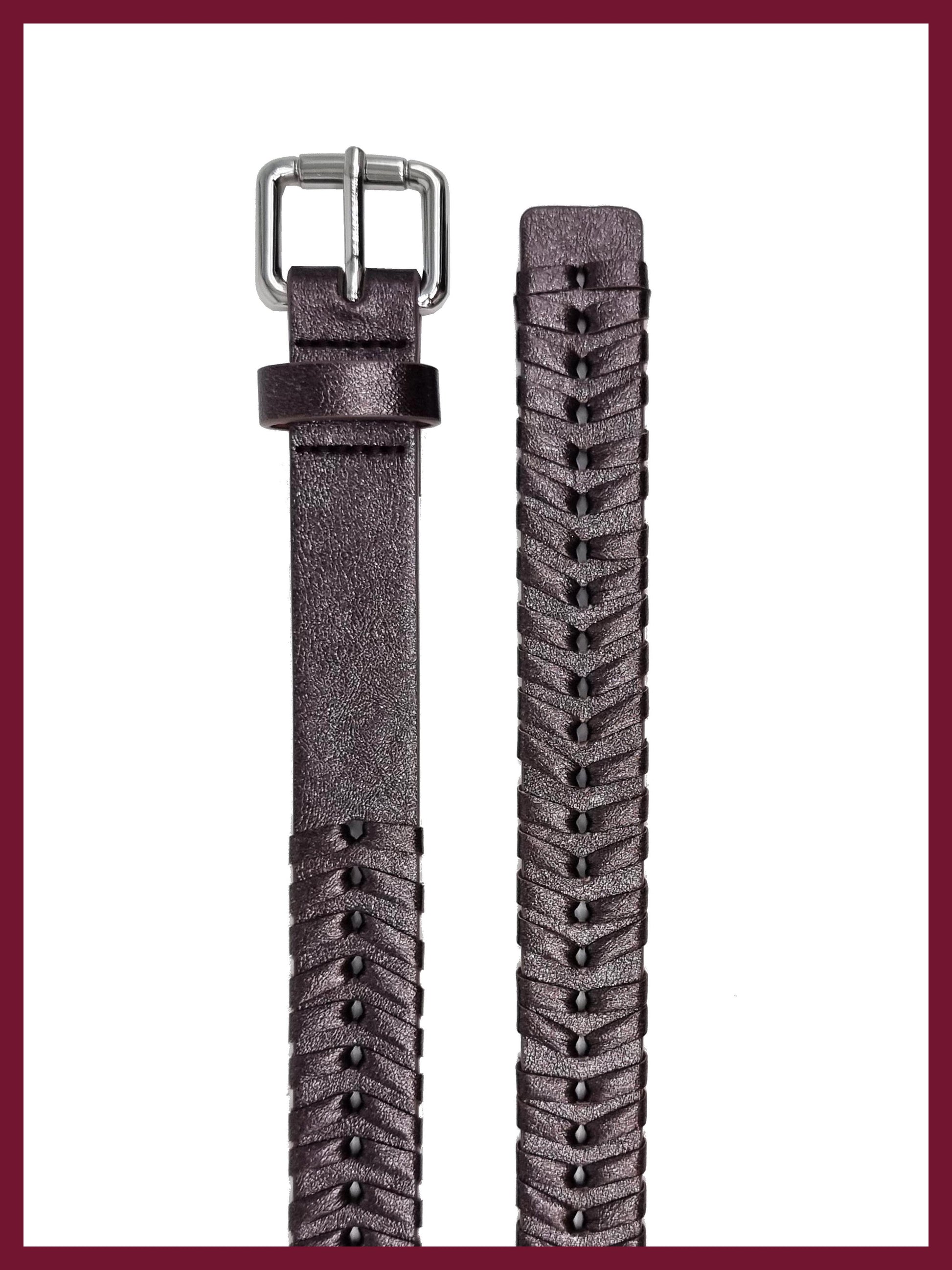 Gunmetal woven belt in vegan leather with silver buckel laid out straight