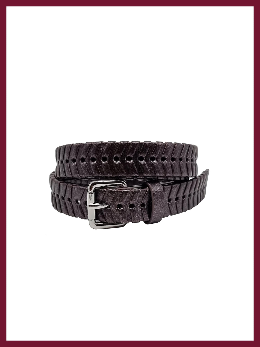 Gunmetal woven belt in vegan leather with silver buckel coiled up.