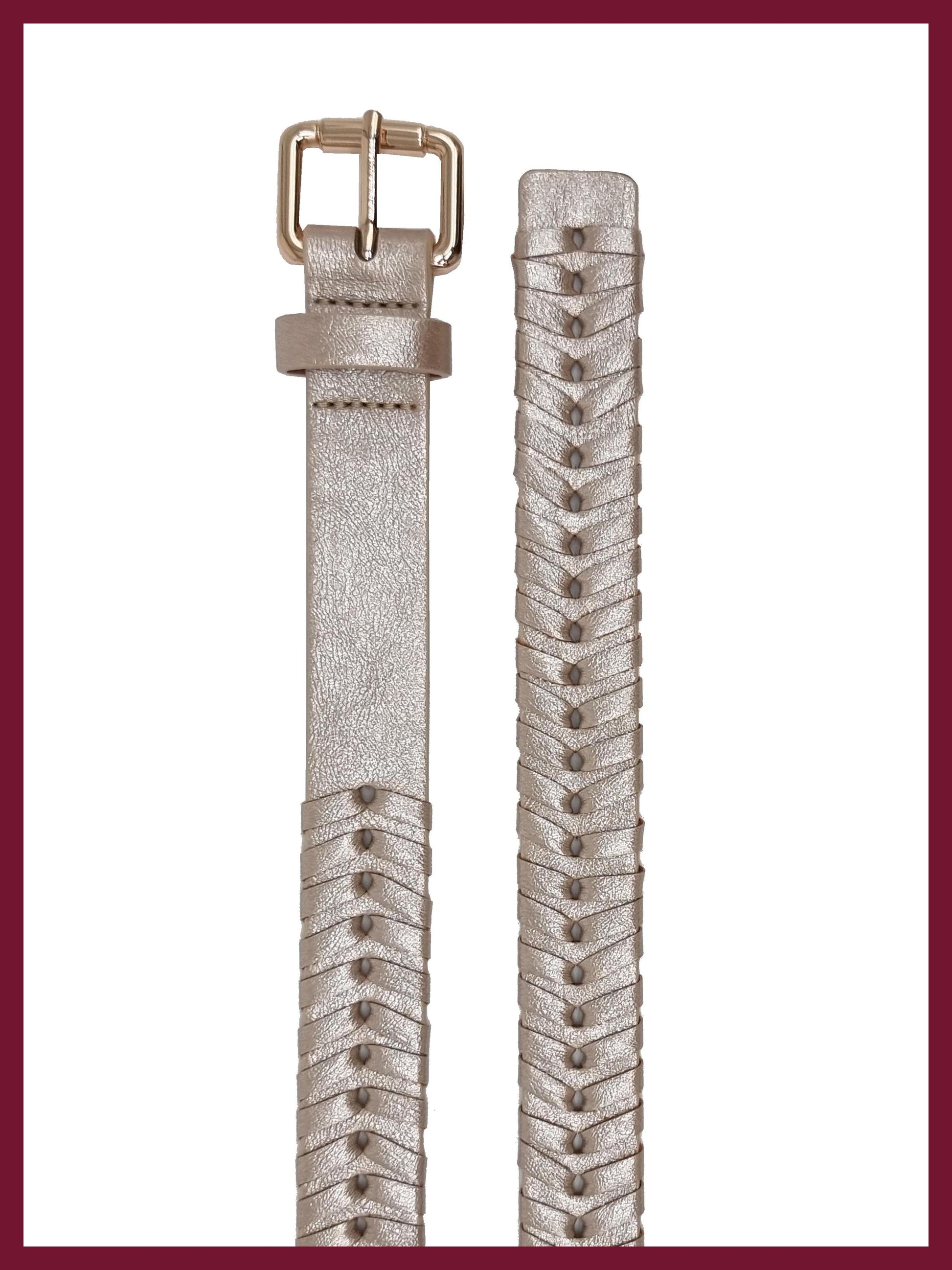 Nooki woven gold belt in vegan leather shown laid out