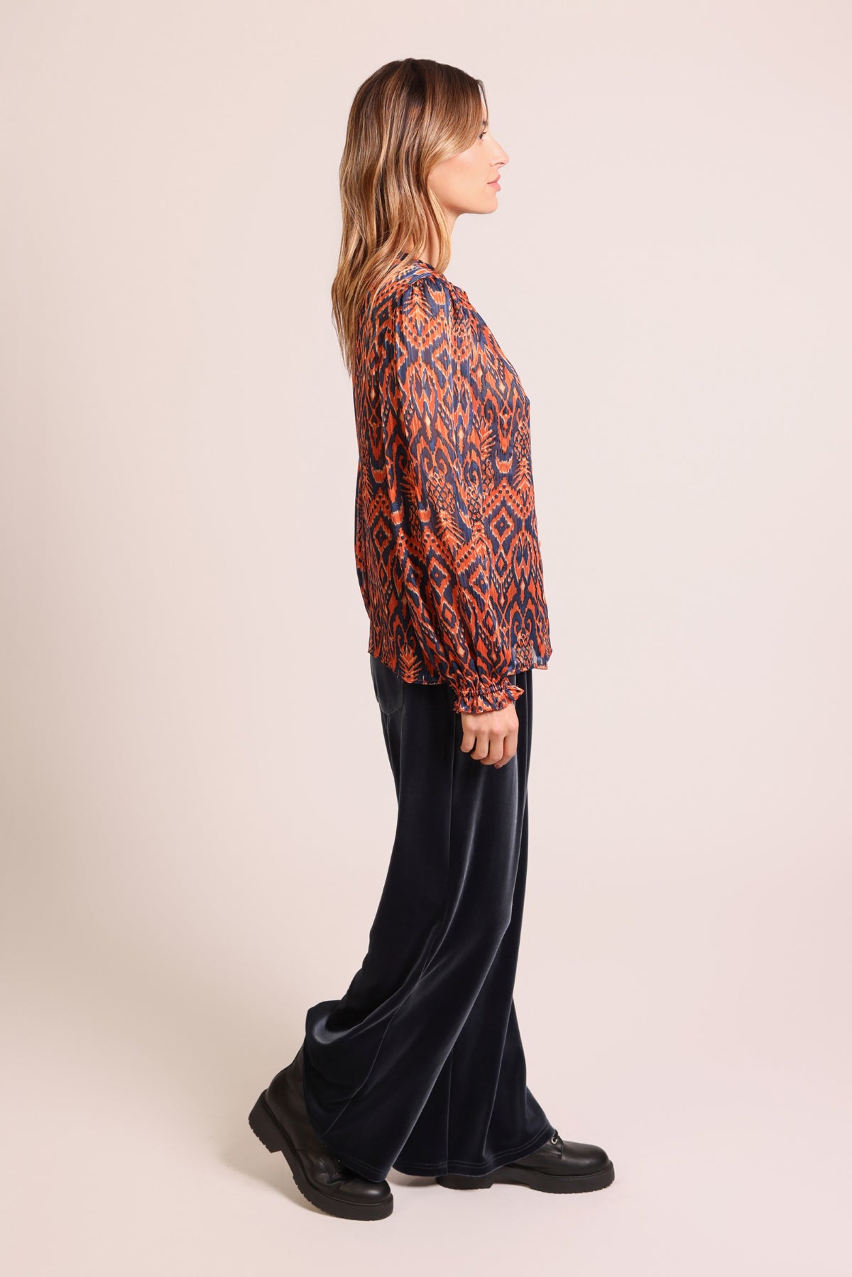 Traffic People Truce Chiffon Blouse – Soft Gathered V-Neck with Frill Cuffs