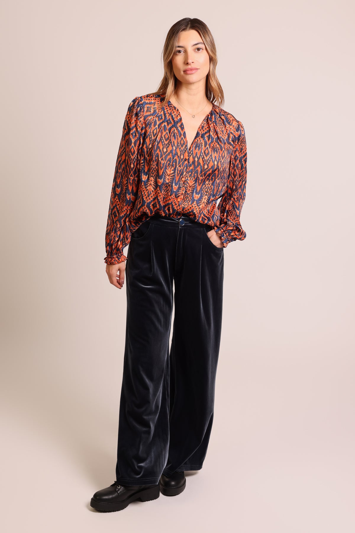 Traffic People Truce Chiffon Blouse – Soft Gathered V-Neck with Frill Cuffs