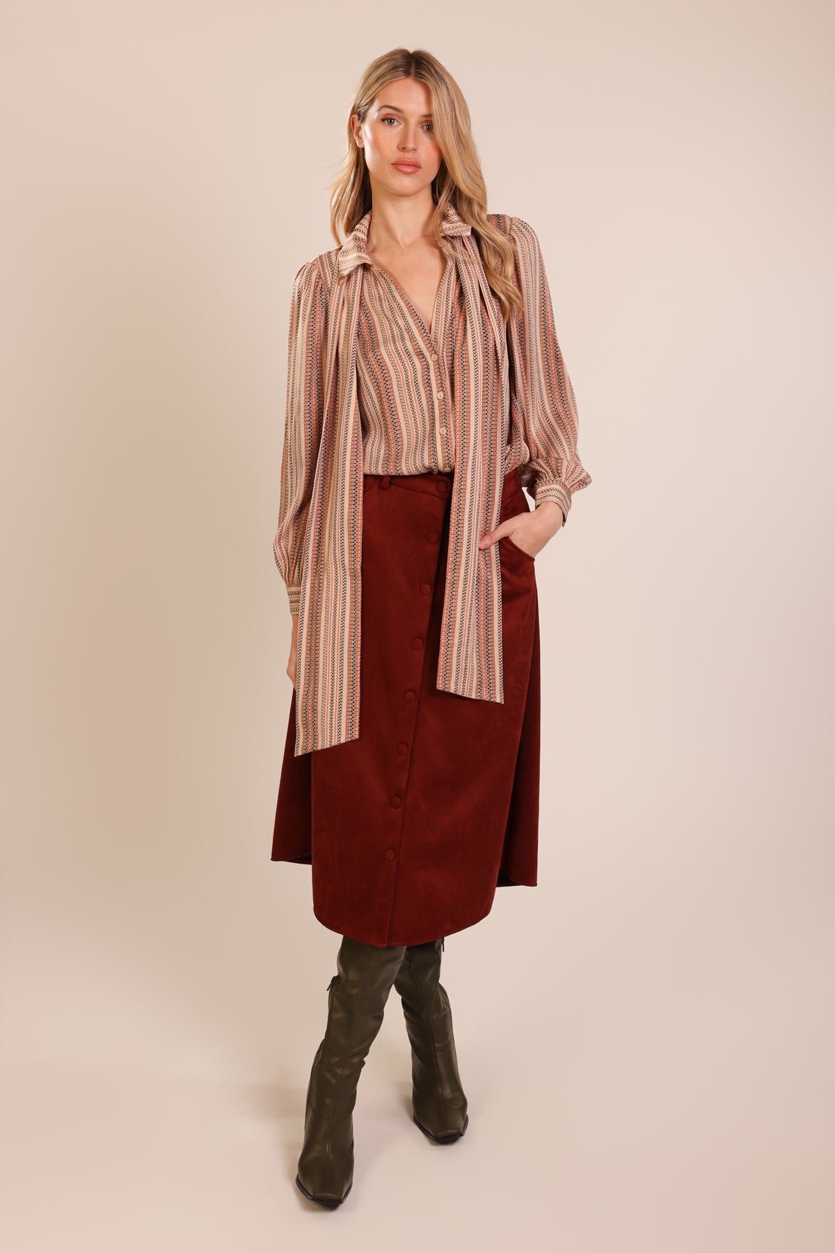 Traffic People Folklore Frailty Revenge Shirt – Striped V-Neck Blouse with Removable Bow