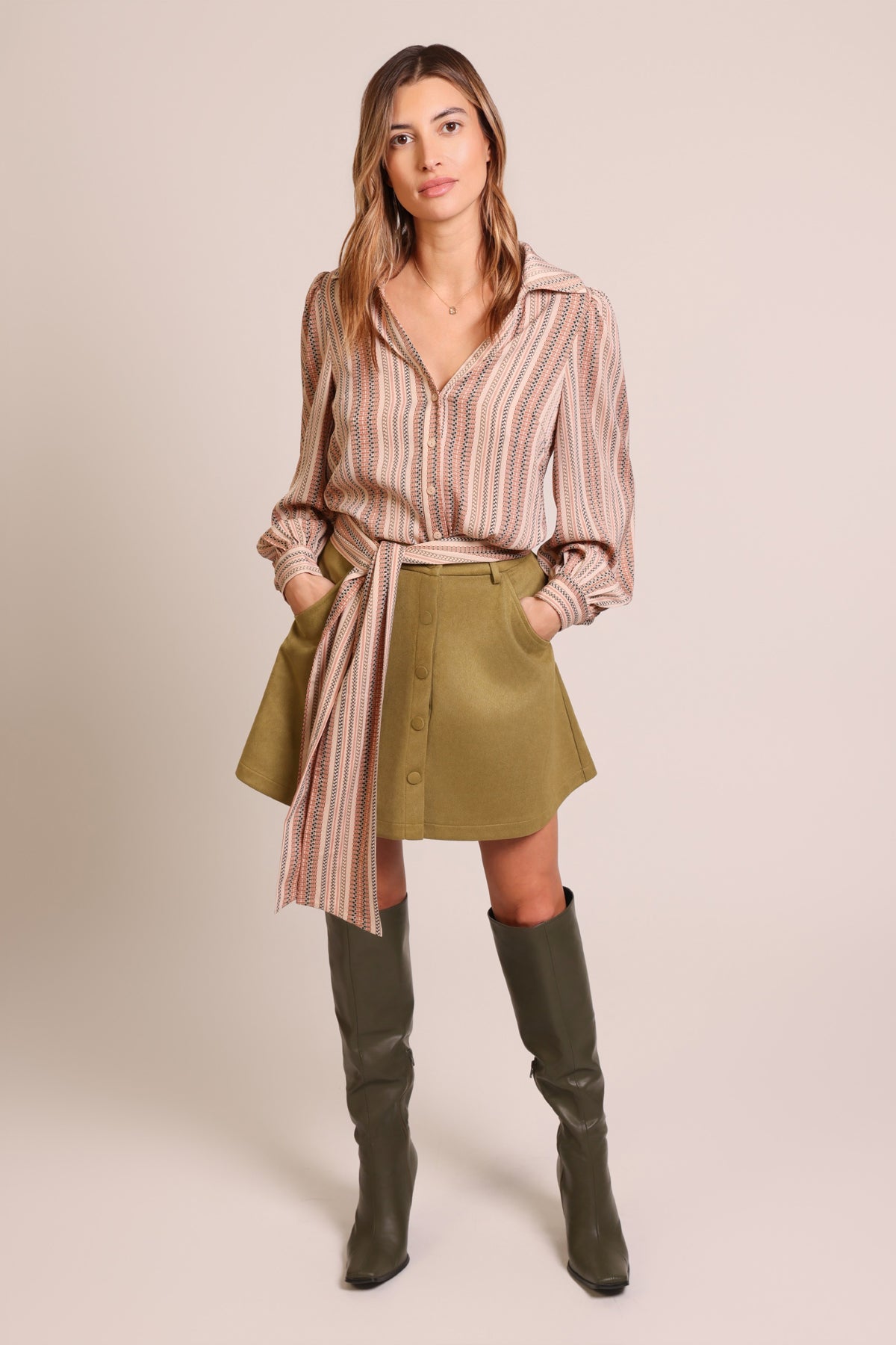 Traffic People Folklore Frailty Revenge Shirt – Striped V-Neck Blouse with Removable Bow