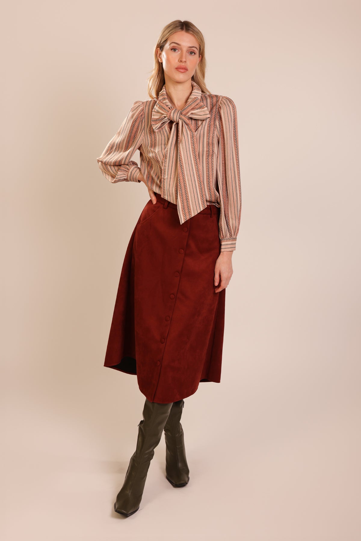 Traffic People Folklore Frailty Revenge Shirt – Striped V-Neck Blouse with Removable Bow