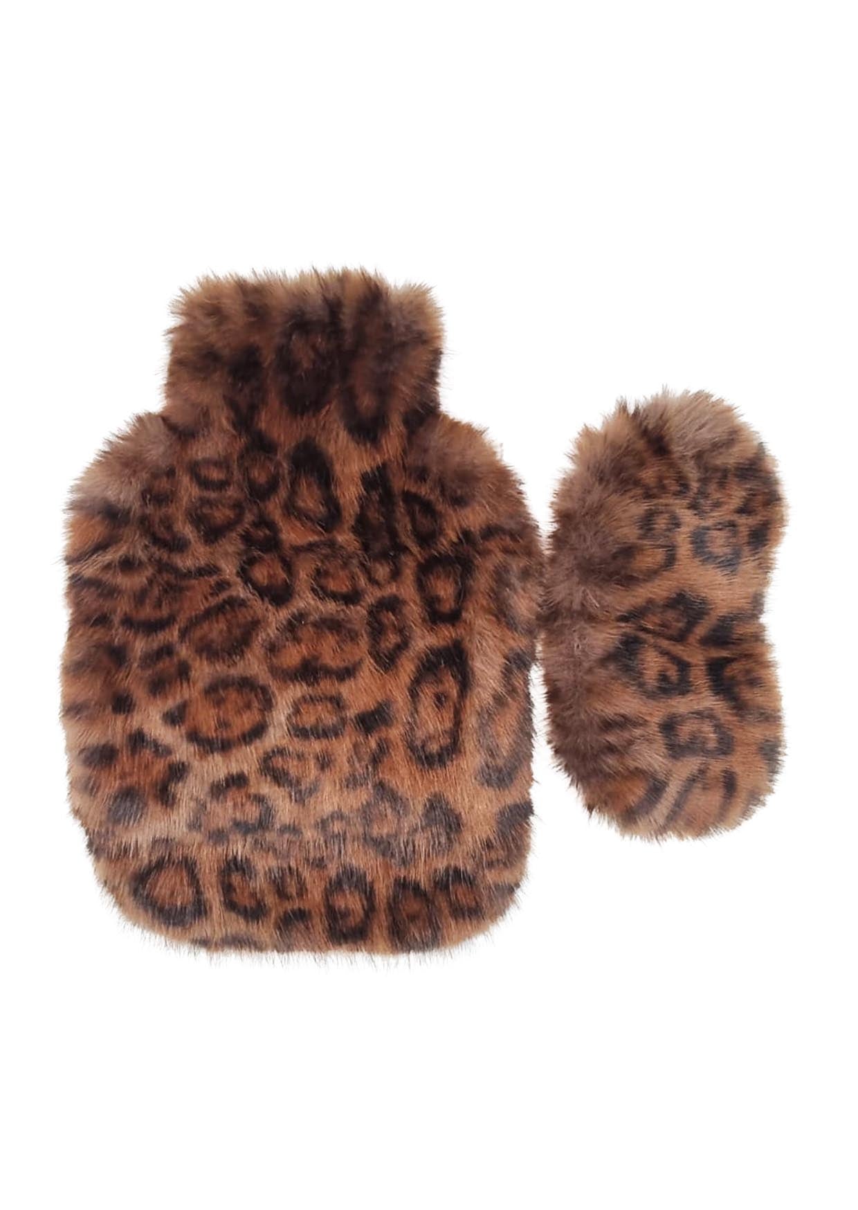 Nooki Faux Fur Hot Water Bottle and Eye Mask Set in Chocolate Leopard Print