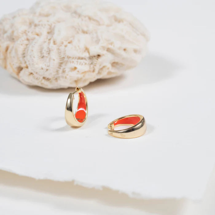Havana Tomato Red Enamel and Gold Huggie Hoop Earrings