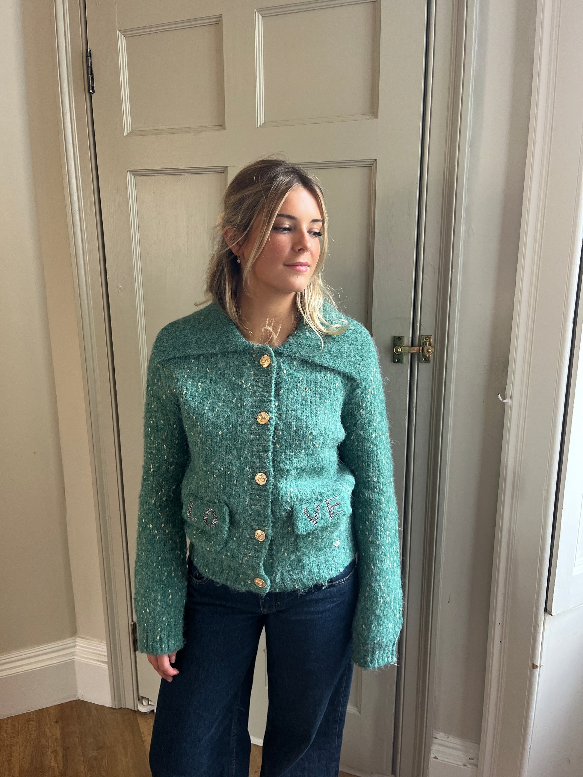 Orfeo Koline Green Wool-Blend Cardigan with Gold Buttons