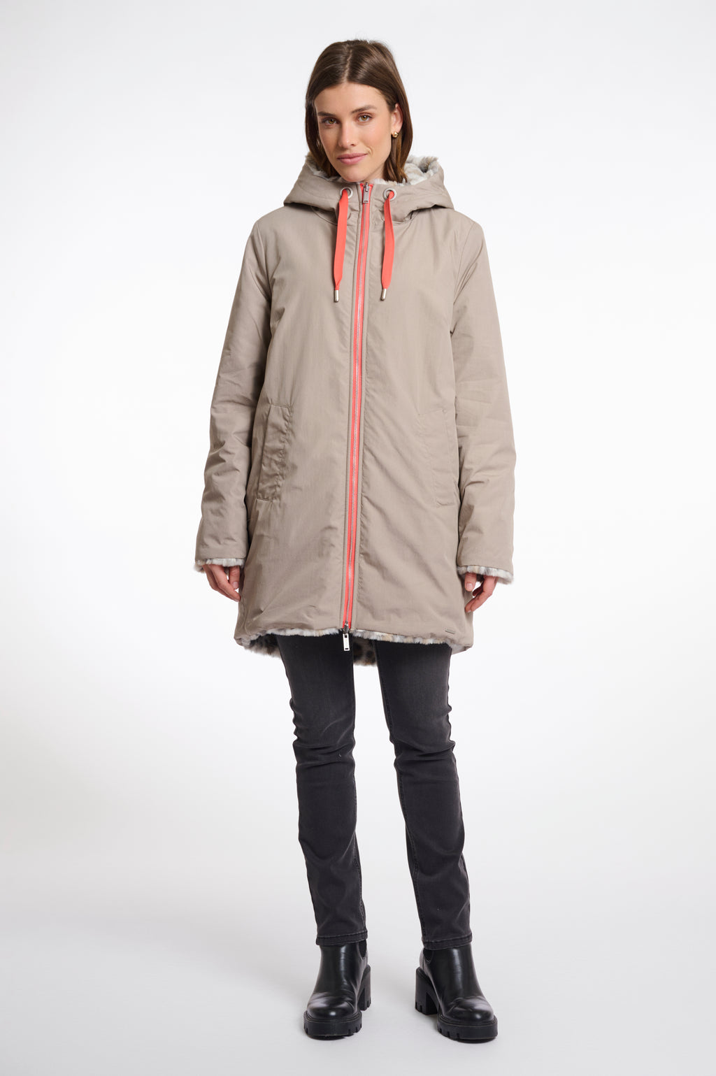 Rino & Pelle reversible parka in tan with orange zip