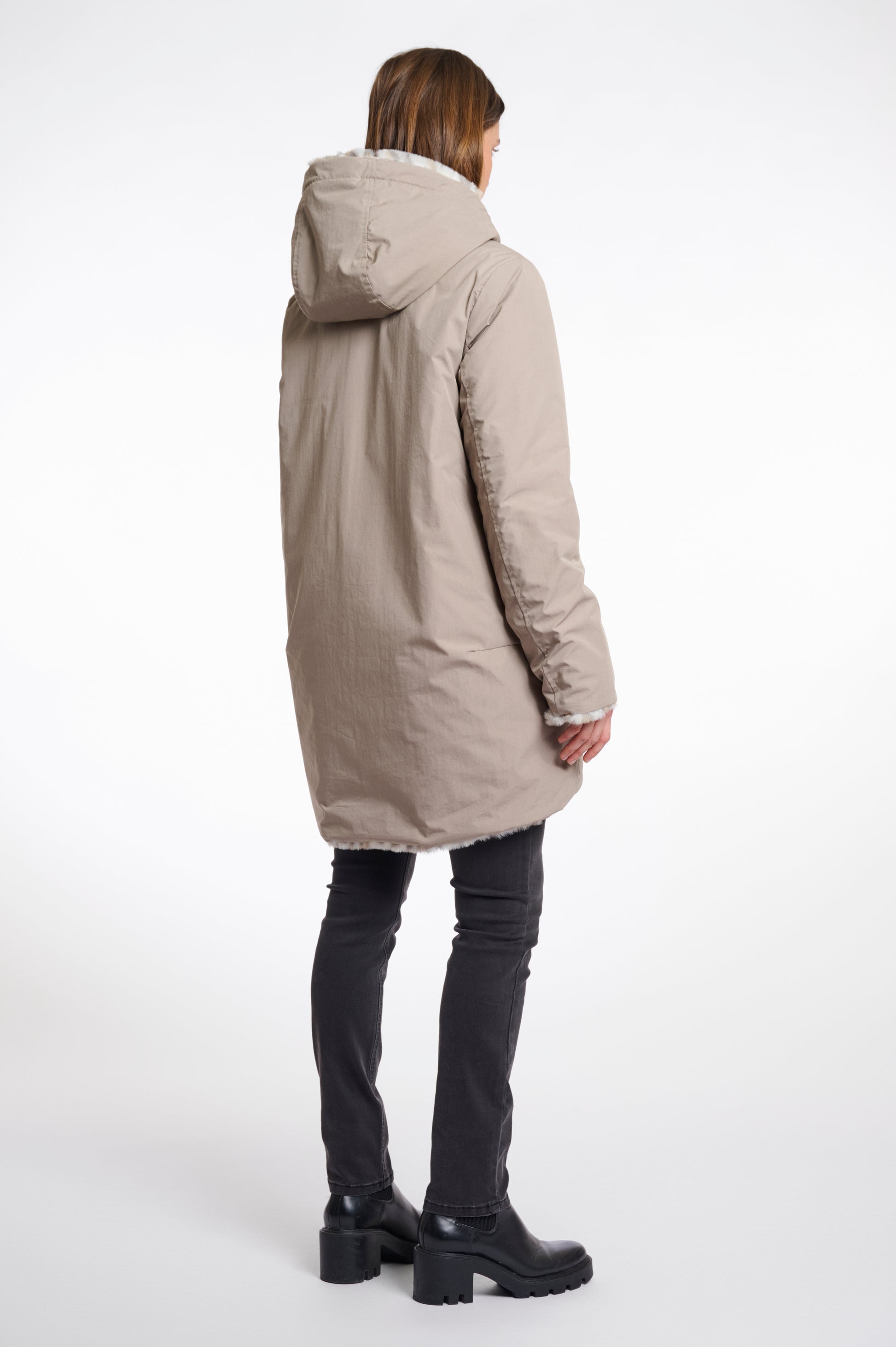 Two-in-one winter coat reversible design