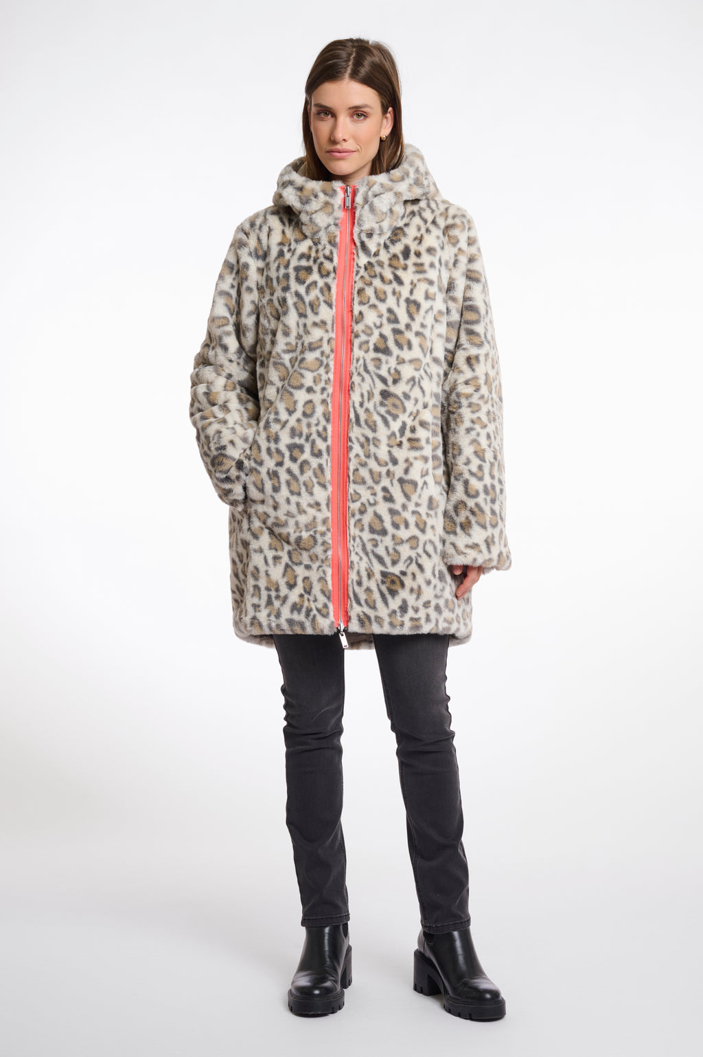 Leopard print faux fur reversible coat with hood