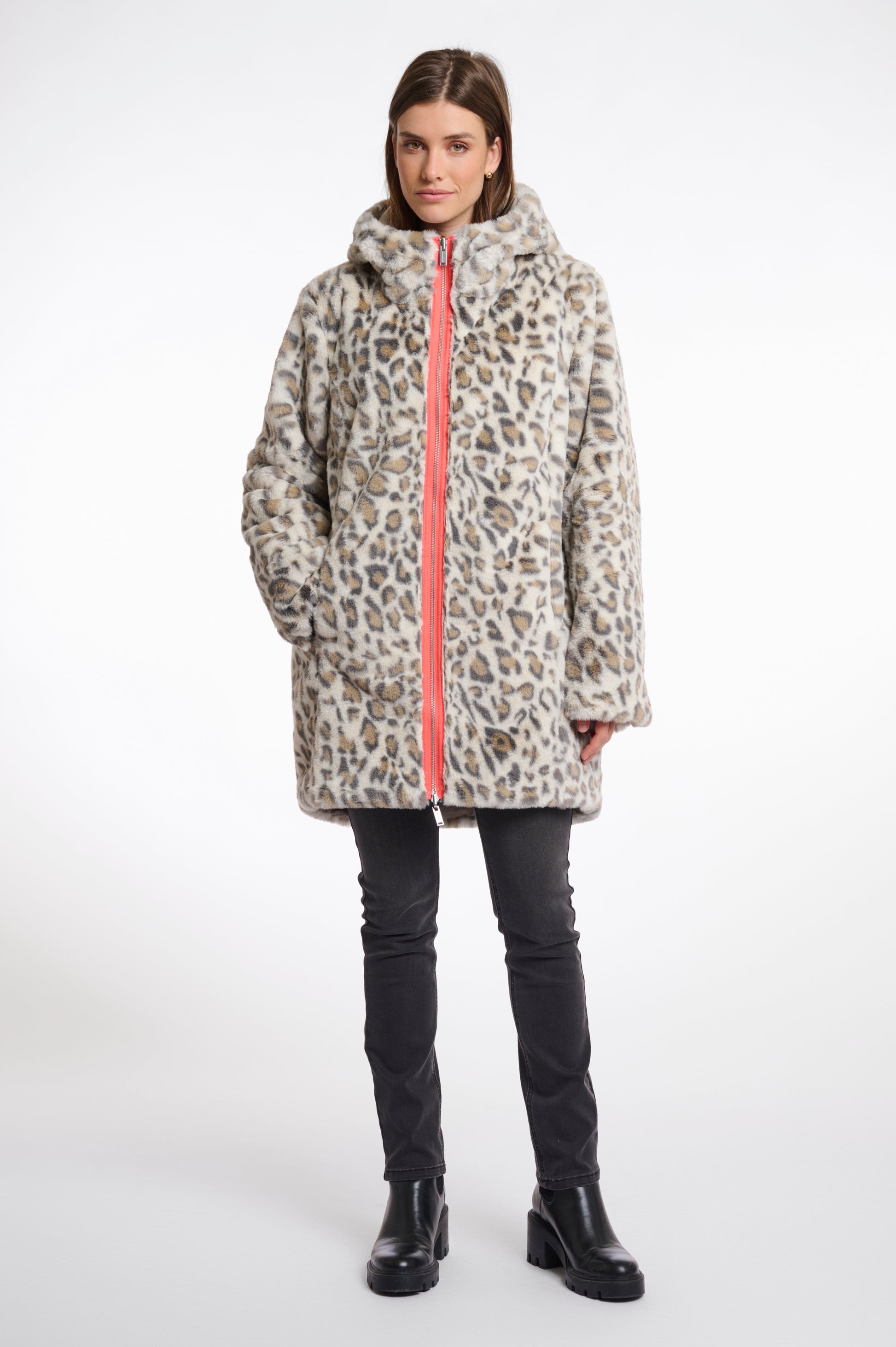 Leopard print faux fur reversible coat with hood