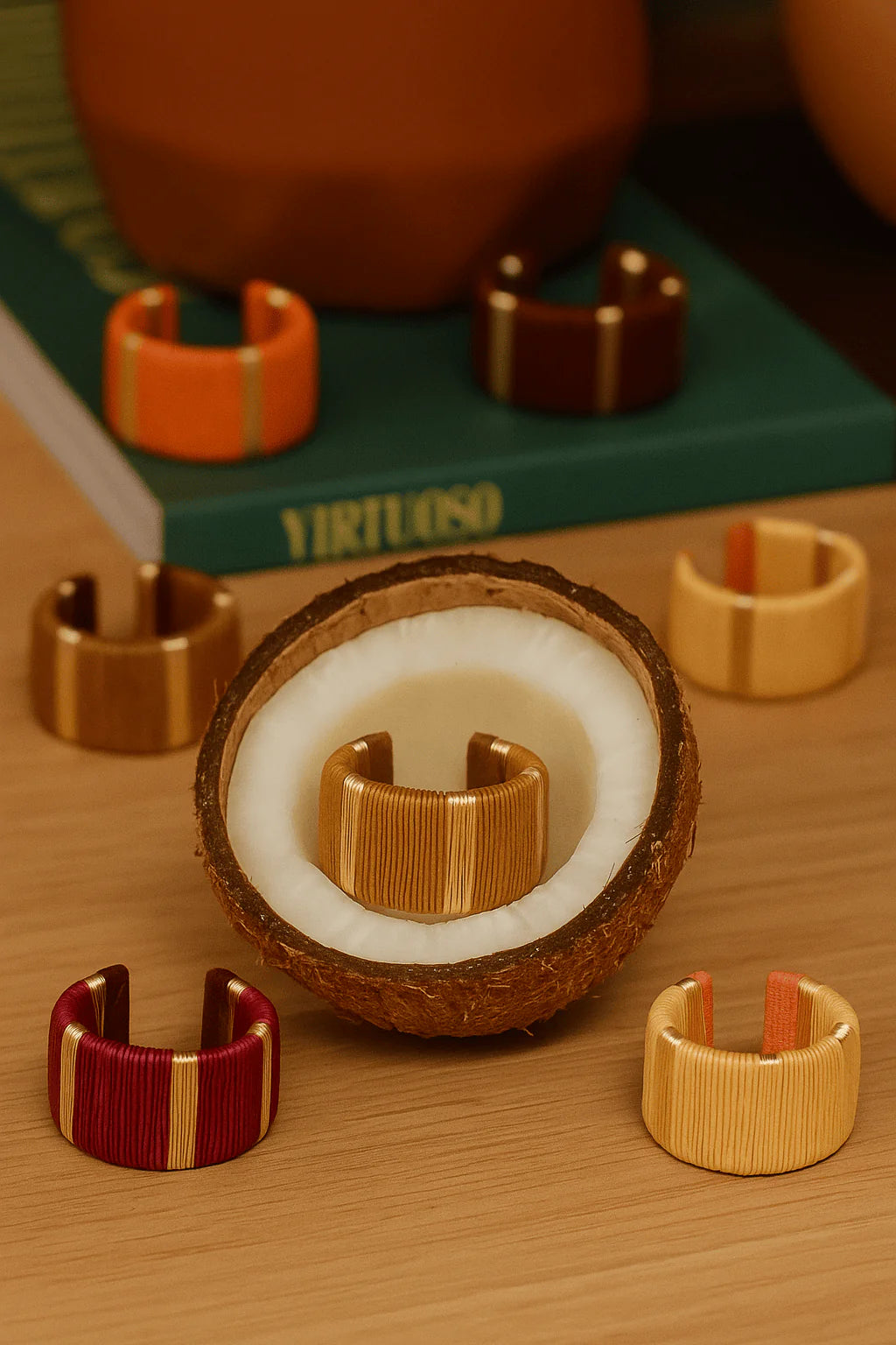Bamboleira Colombian artisan rings in natural Werregue palm shown arranged around a coconut and books