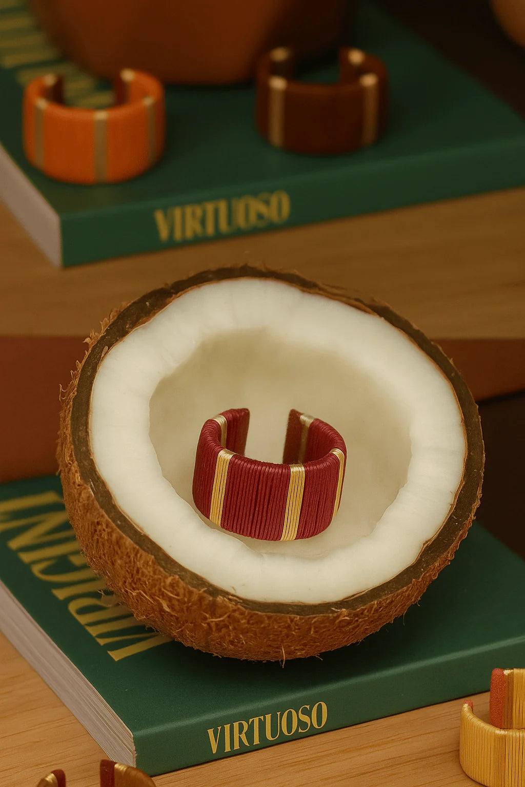 Bamboleira Juaca ring in burgundy and gold sitting in a coconut