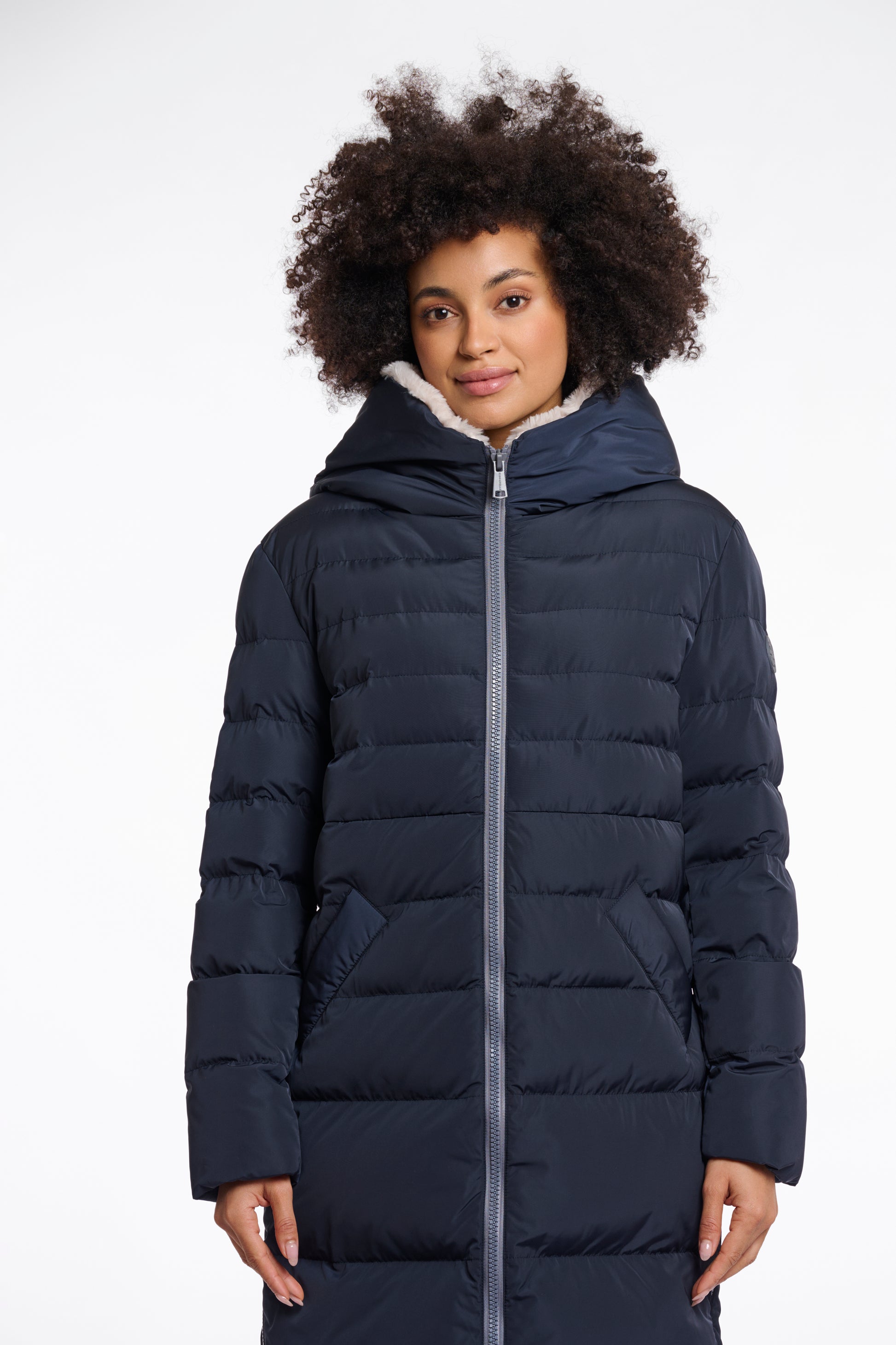 Women’s padded winter coat with hood and faux fur interior
