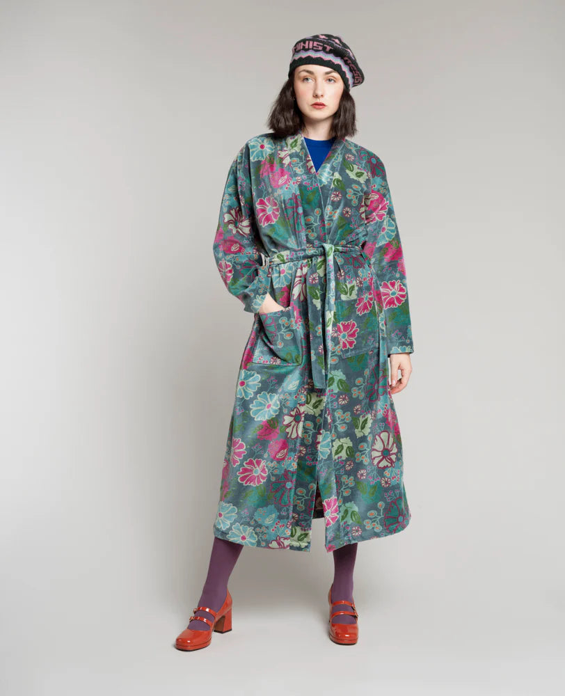 Les Touristes long velvet kimono in teal cosmos print