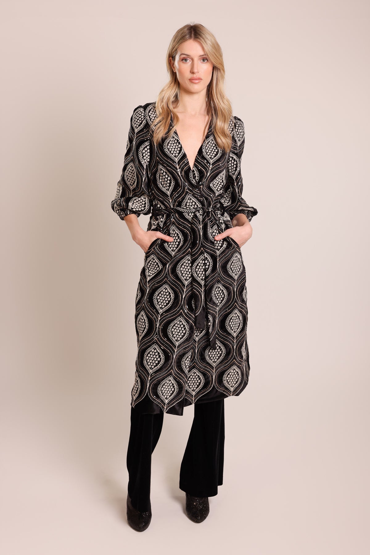 Traffic People Love and Anarchy Duster Coat – Black with Cream Embroidery