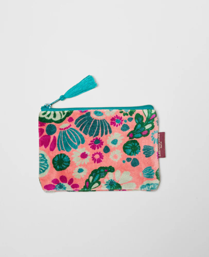 Coral Floral patterned pouch with a turquoise zip and tassel 