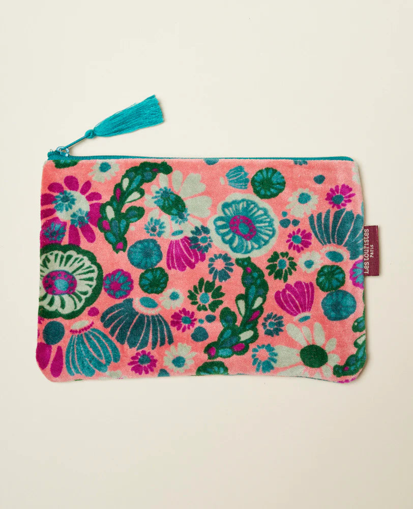 Floral patterned pouch with a turquoise zip and tassel 