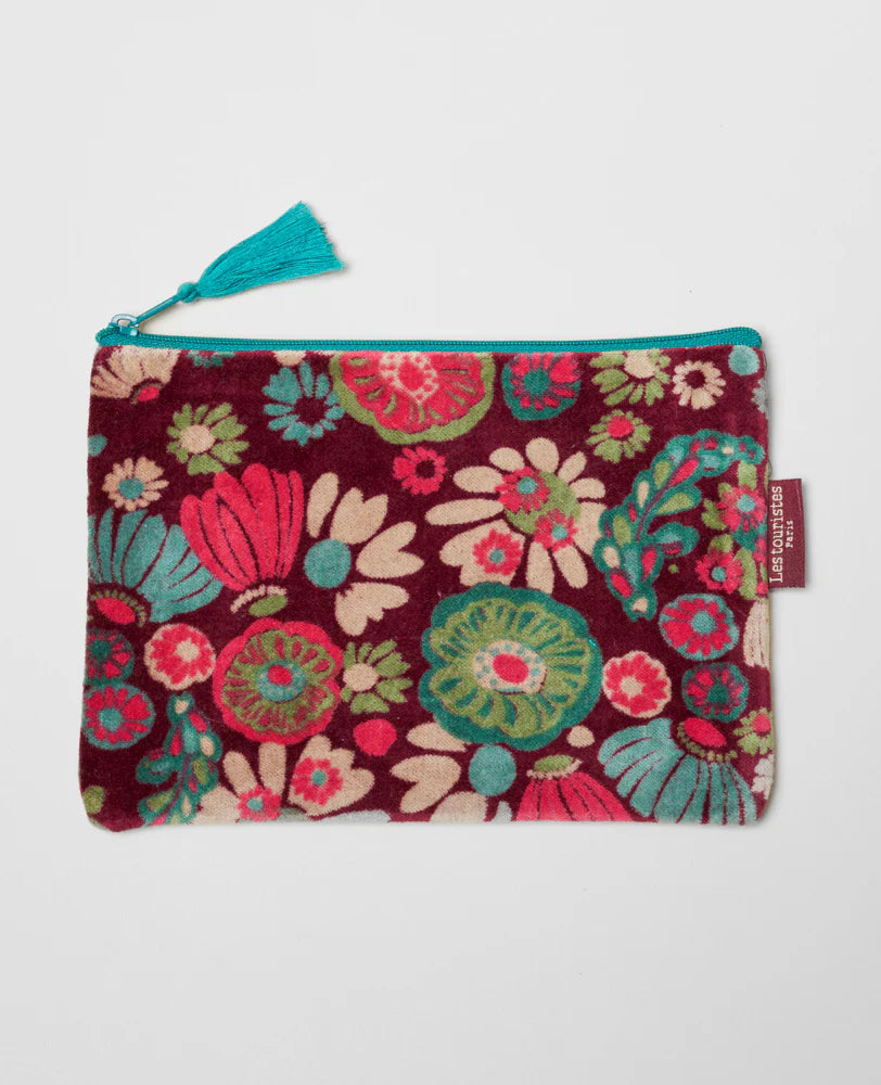 Les Touristes Molly pouch in burgundy velvet with floral pattern
