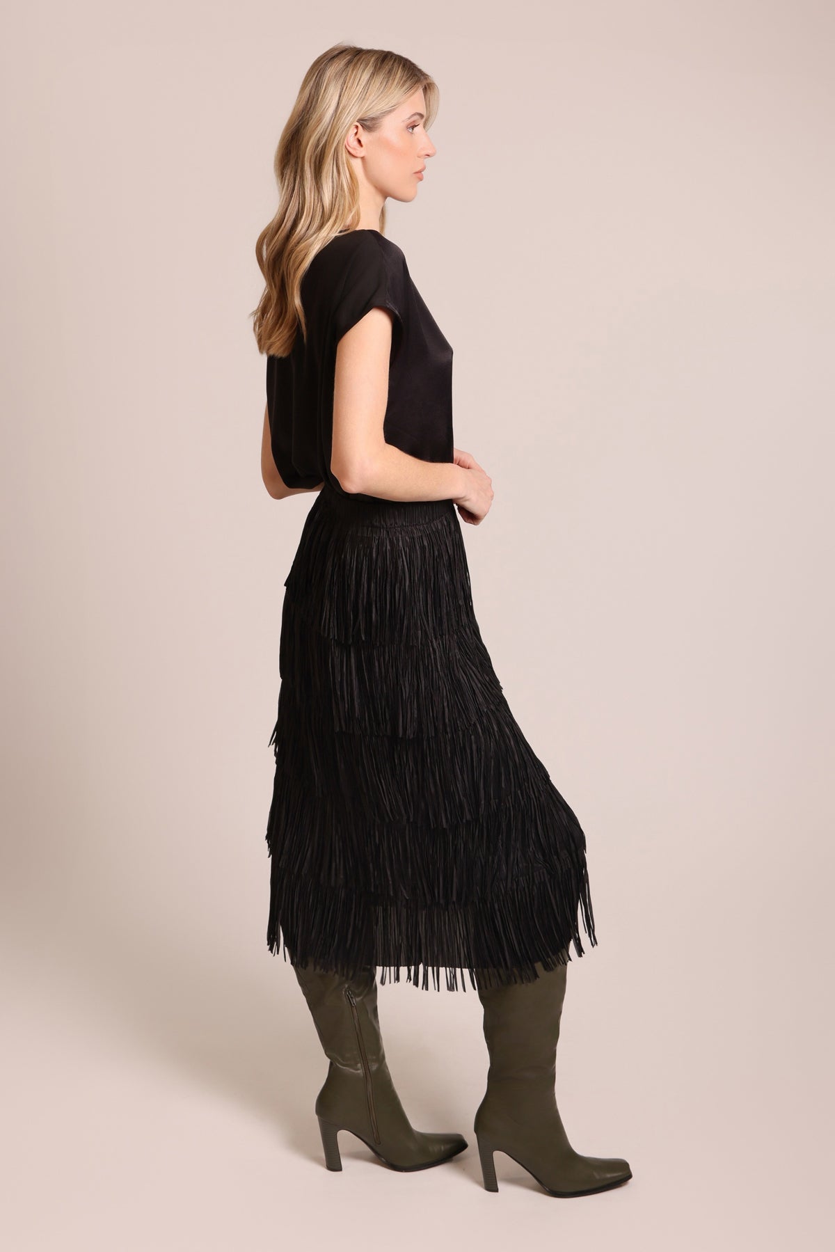Traffic People Nobody Asked Gloria Skirt – Black Tiered Fringed Midi Skirt