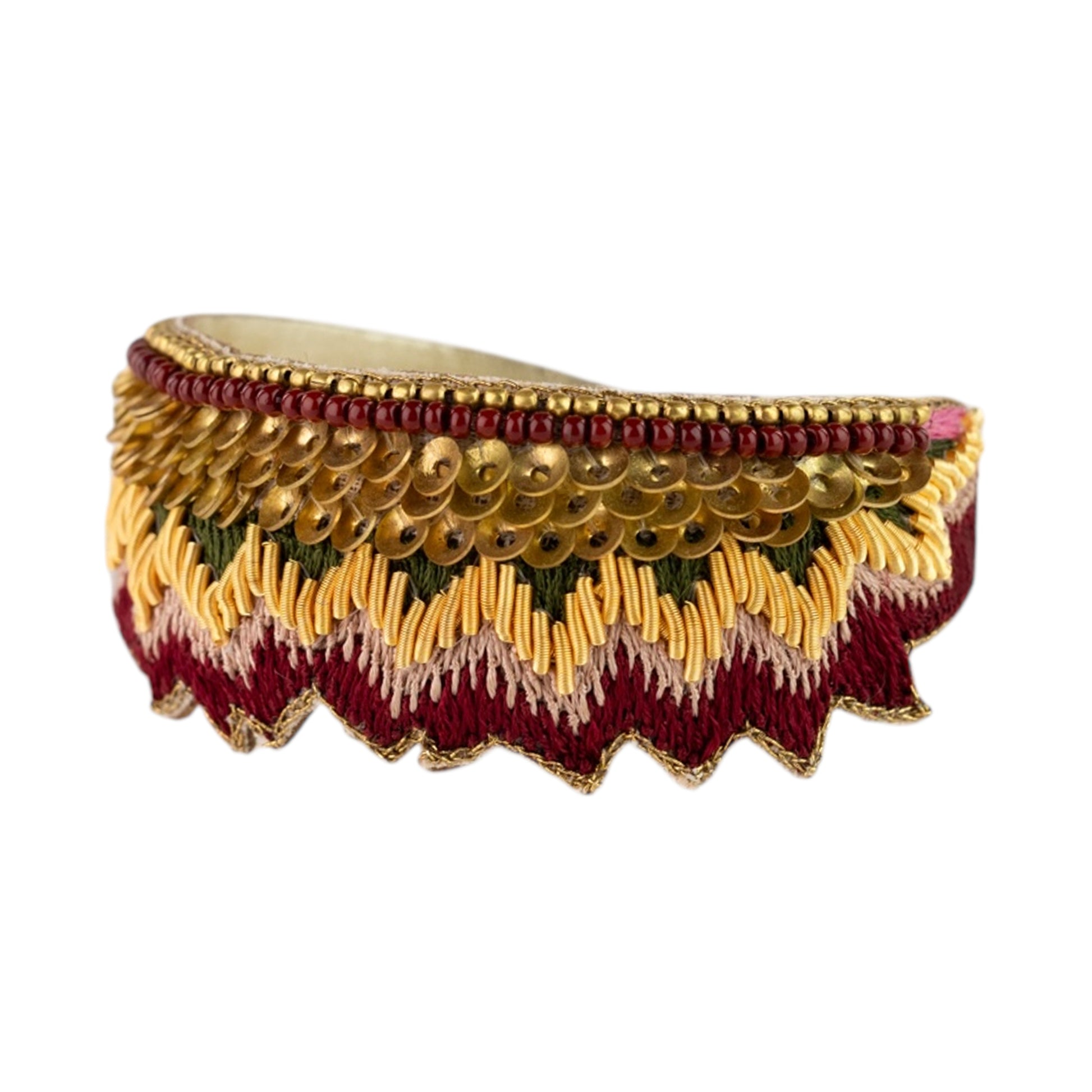Nahua Malle burgundy hand-embroidered silk thread bangle with brass beads