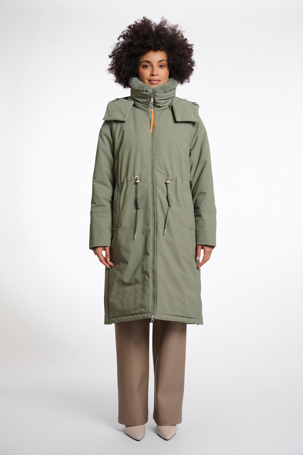 Rino & Pelle knee-length padded coat in green ash with faux fur collar