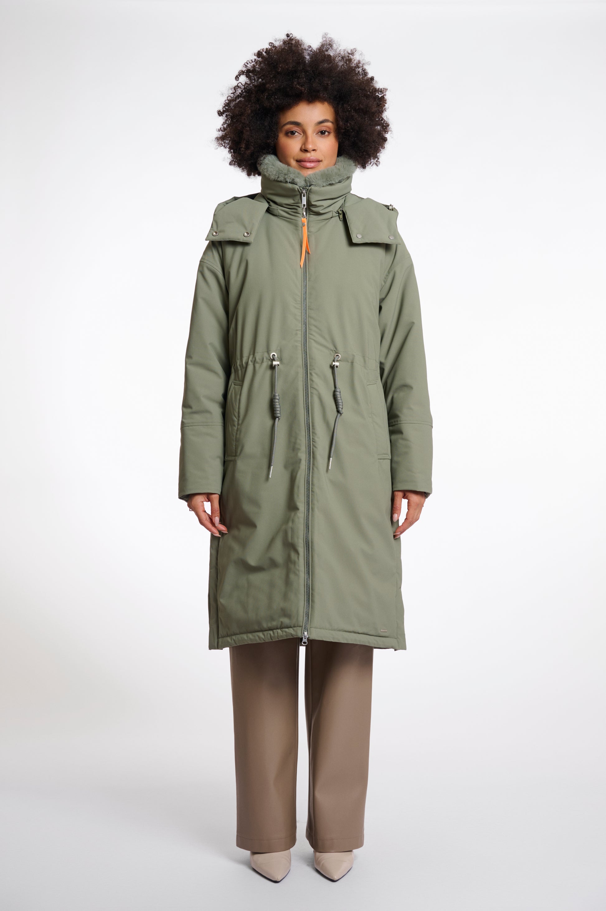Rino & Pelle knee-length padded coat in green ash with faux fur collar