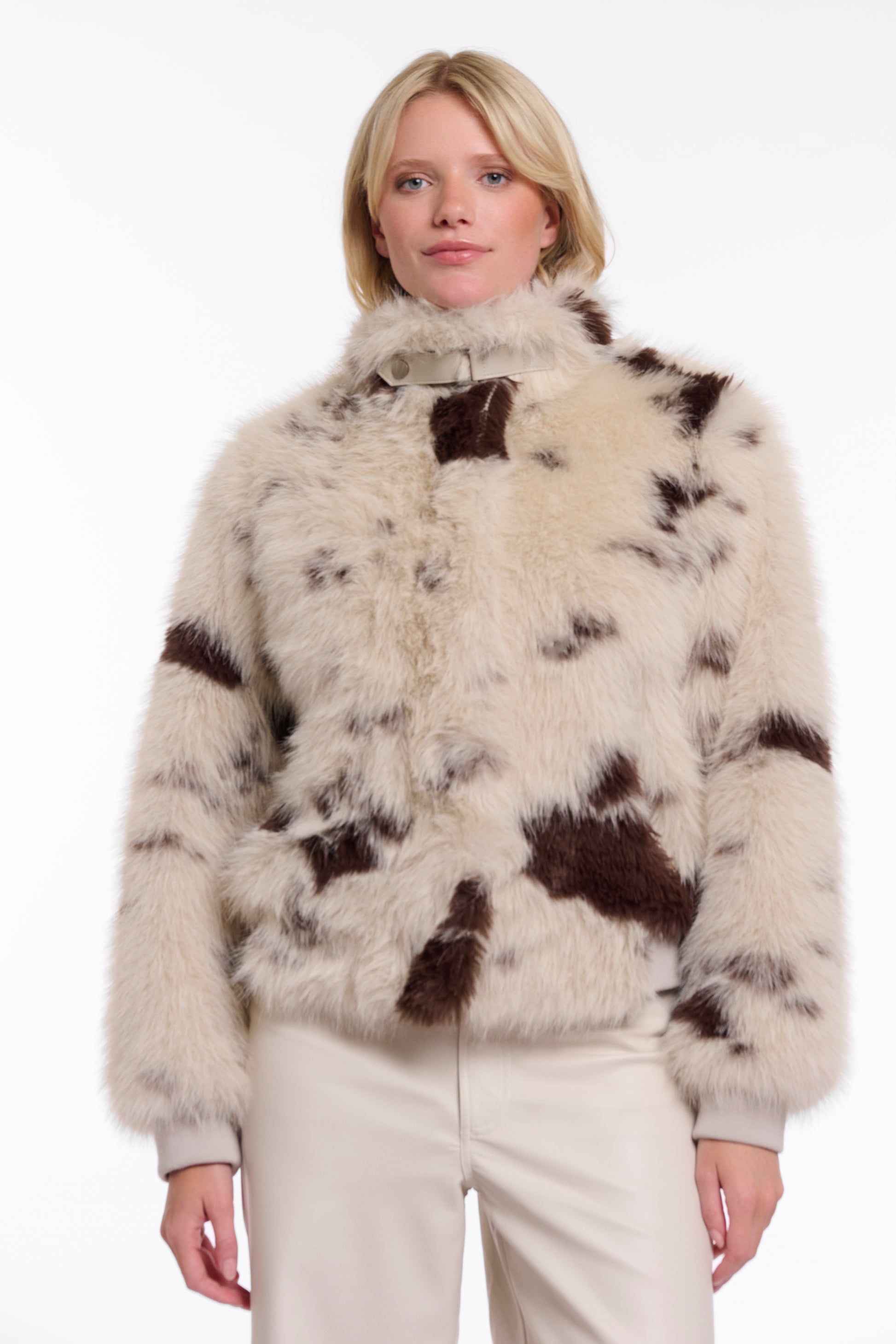 Ambra faux fur cow print jacket with stand collar