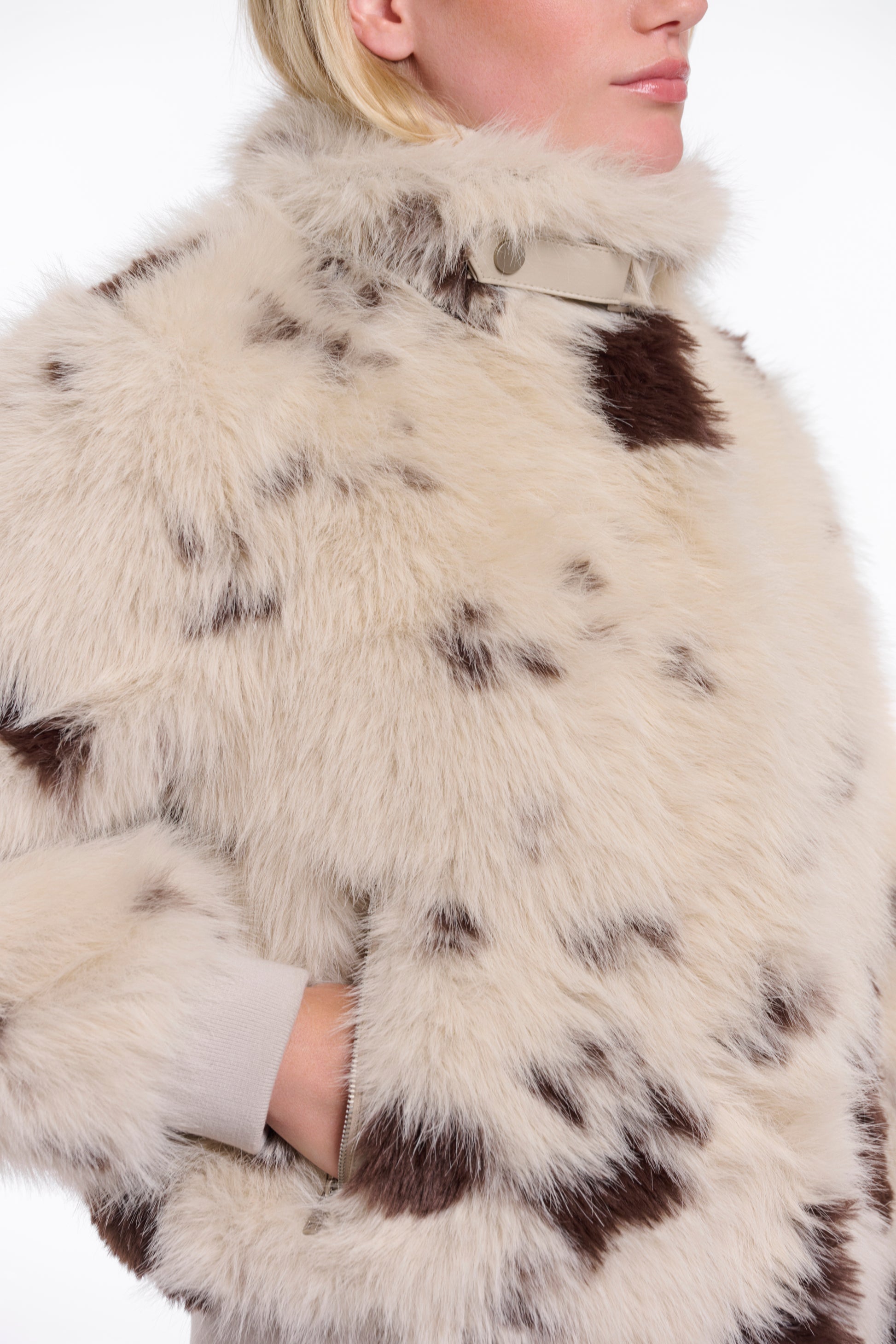 Women’s faux fur cowhide jacket Rino & Pelle shown close up with neck detail
