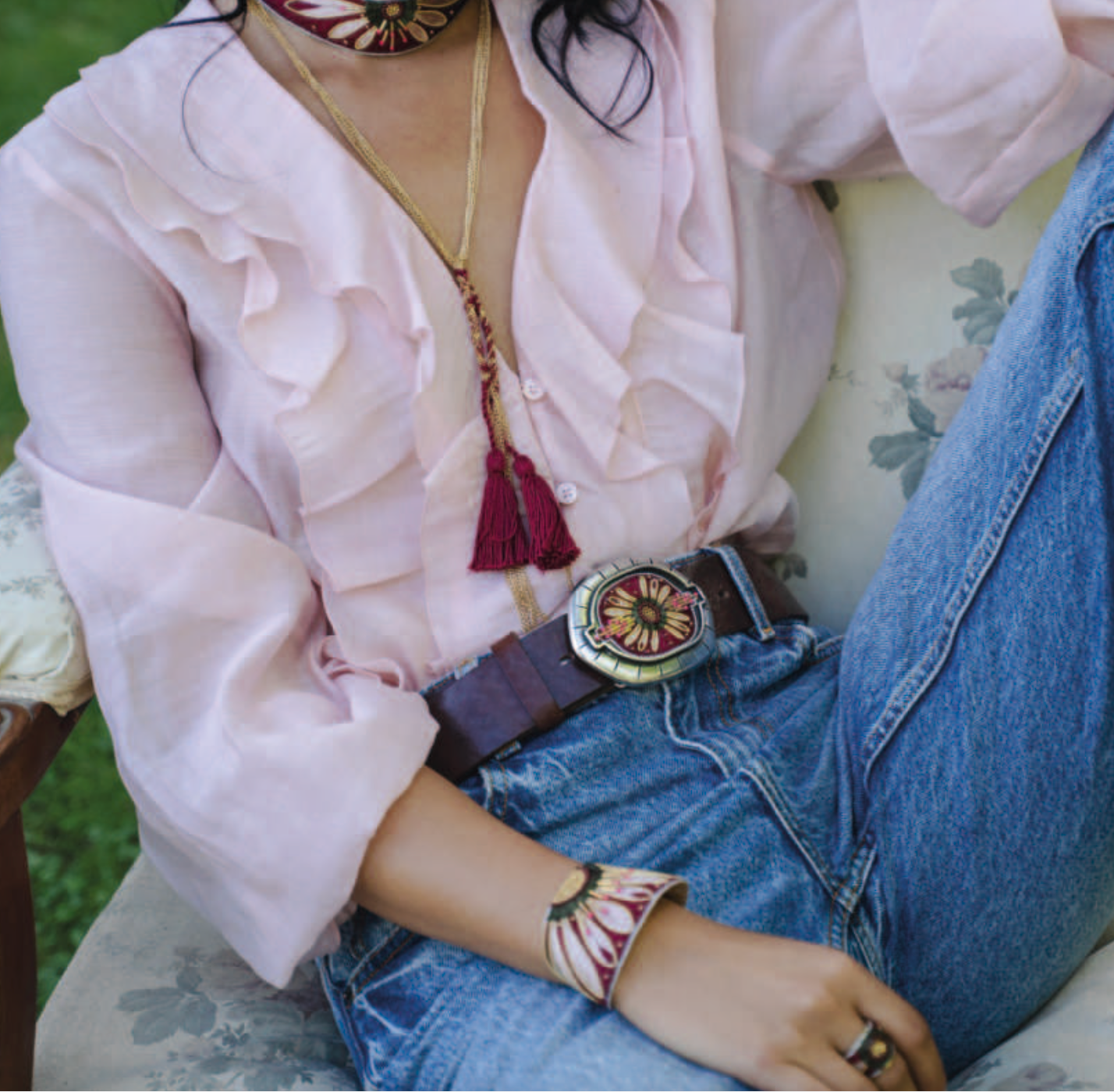 Nauha handcrafted leather belt with silk and brass beads in brown and burgundy