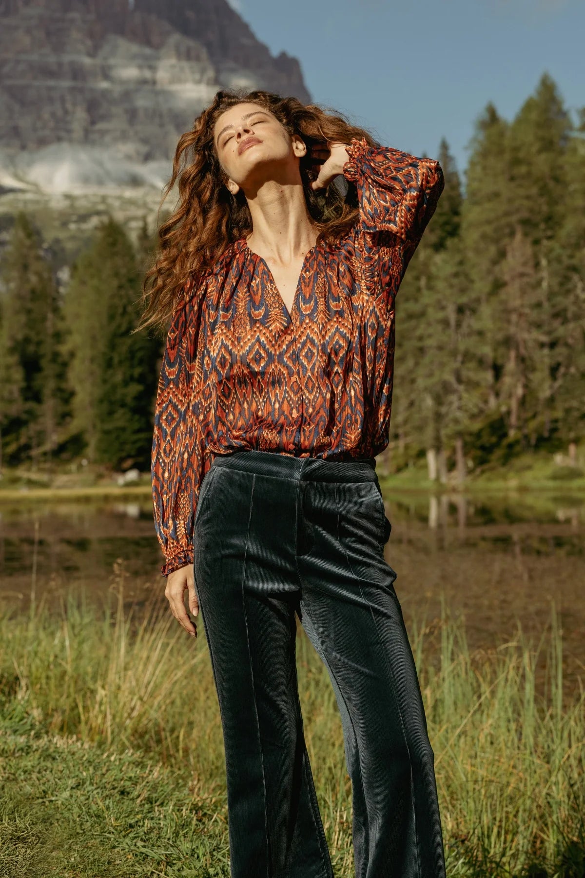 Traffic People Truce Chiffon Blouse – Soft Gathered V-Neck with Frill Cuffs