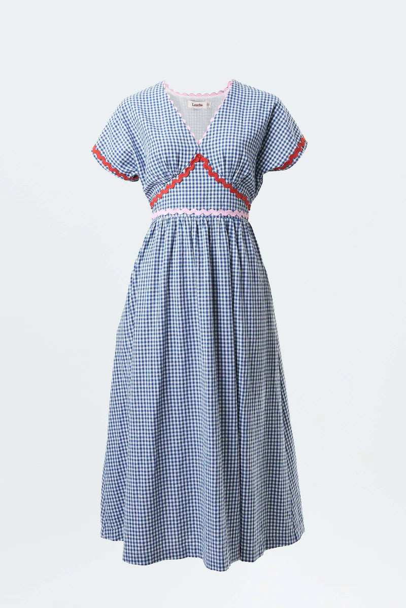 Gingham Ric Rac Trim V-Neck Midi Dress