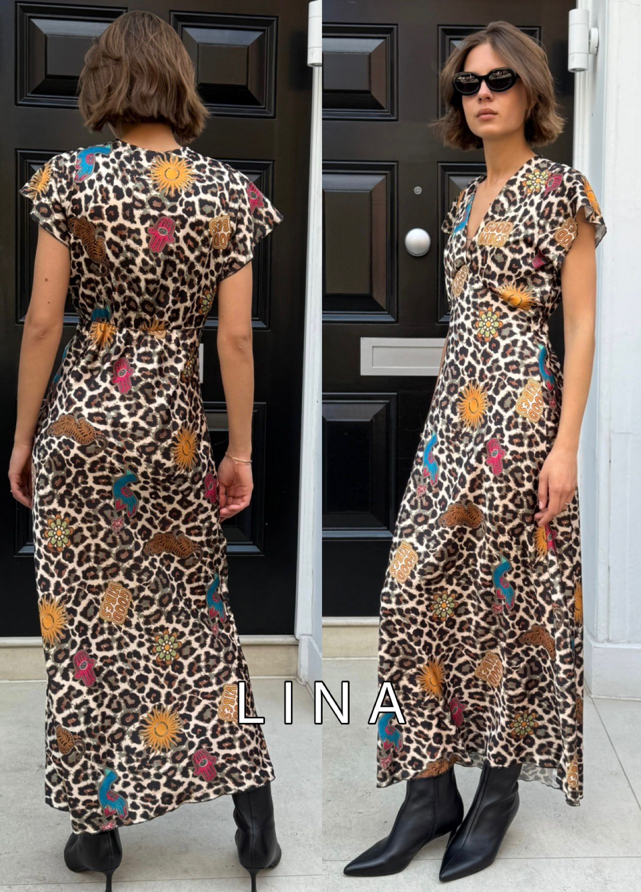 Flattering bias cut dress in animal print with motif detail