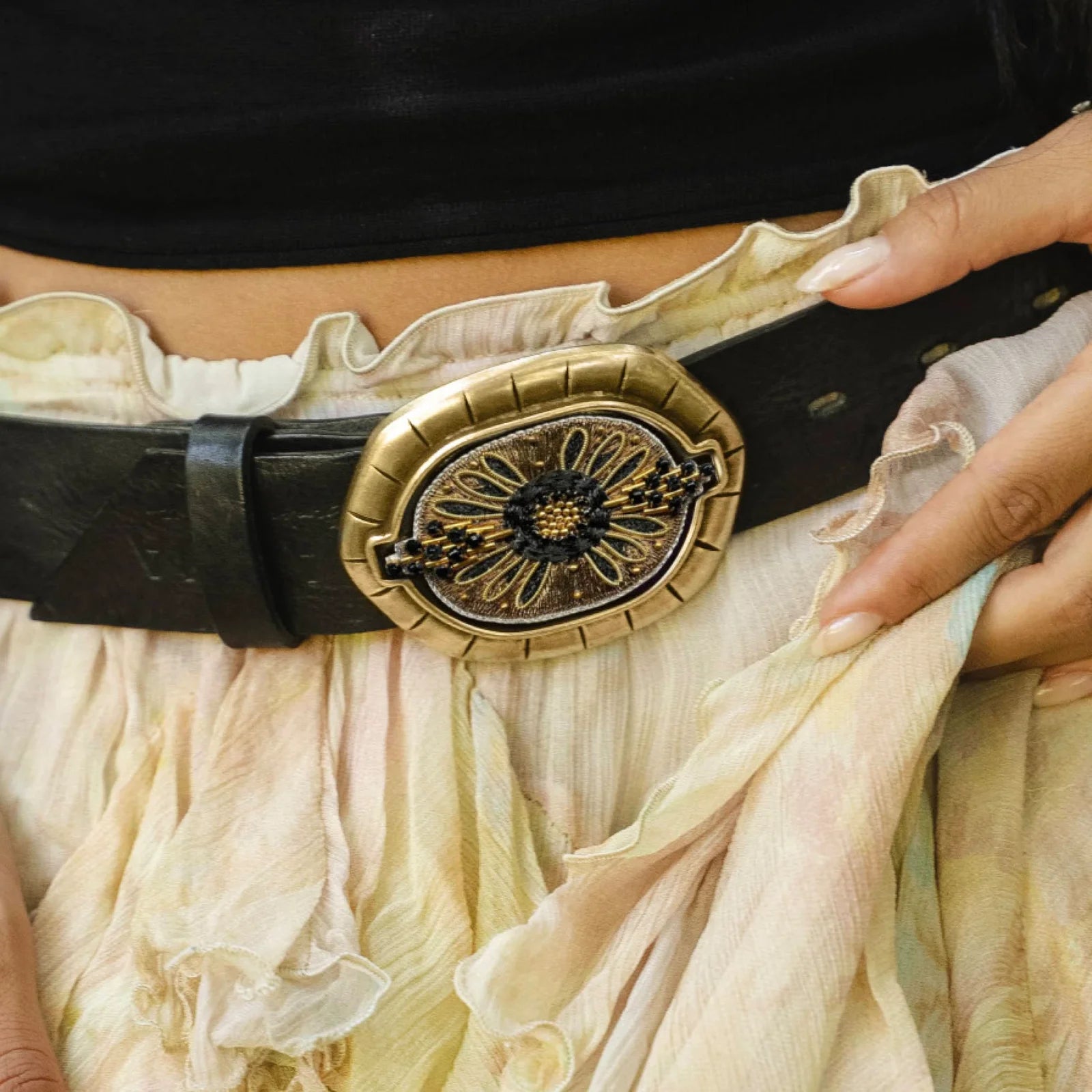 Nahua Beaded Belt in Black and Gold with hand embroidery. Handcrafted black and gold belt with silk thread and brass beads