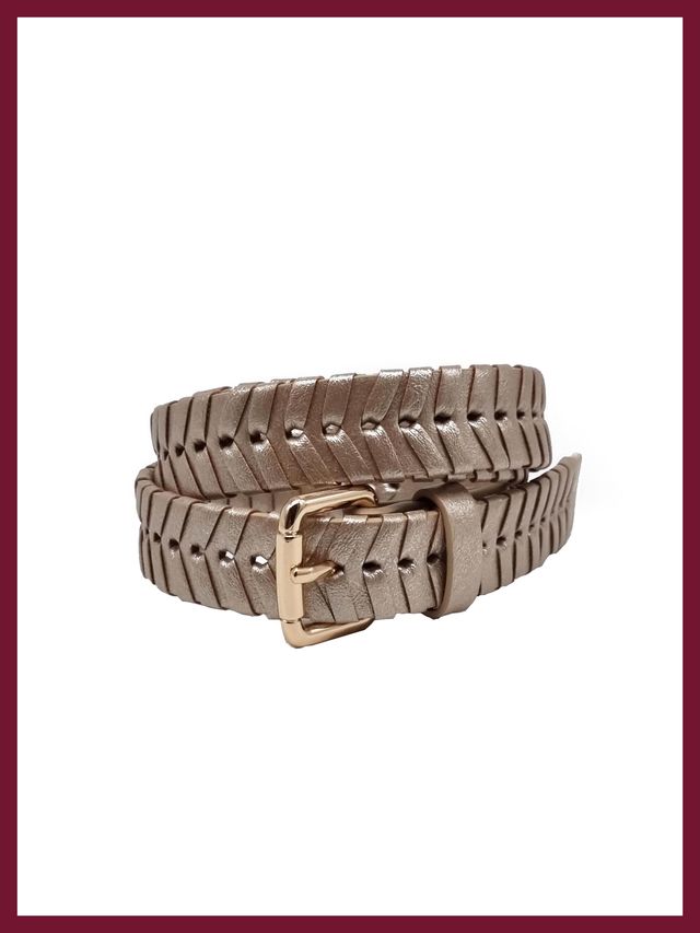 Nooki woven gold belt in vegan leather shown coiled