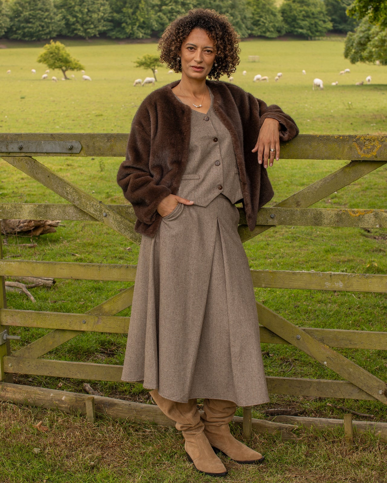 Tamara midi skirt styled with matching waistcoat