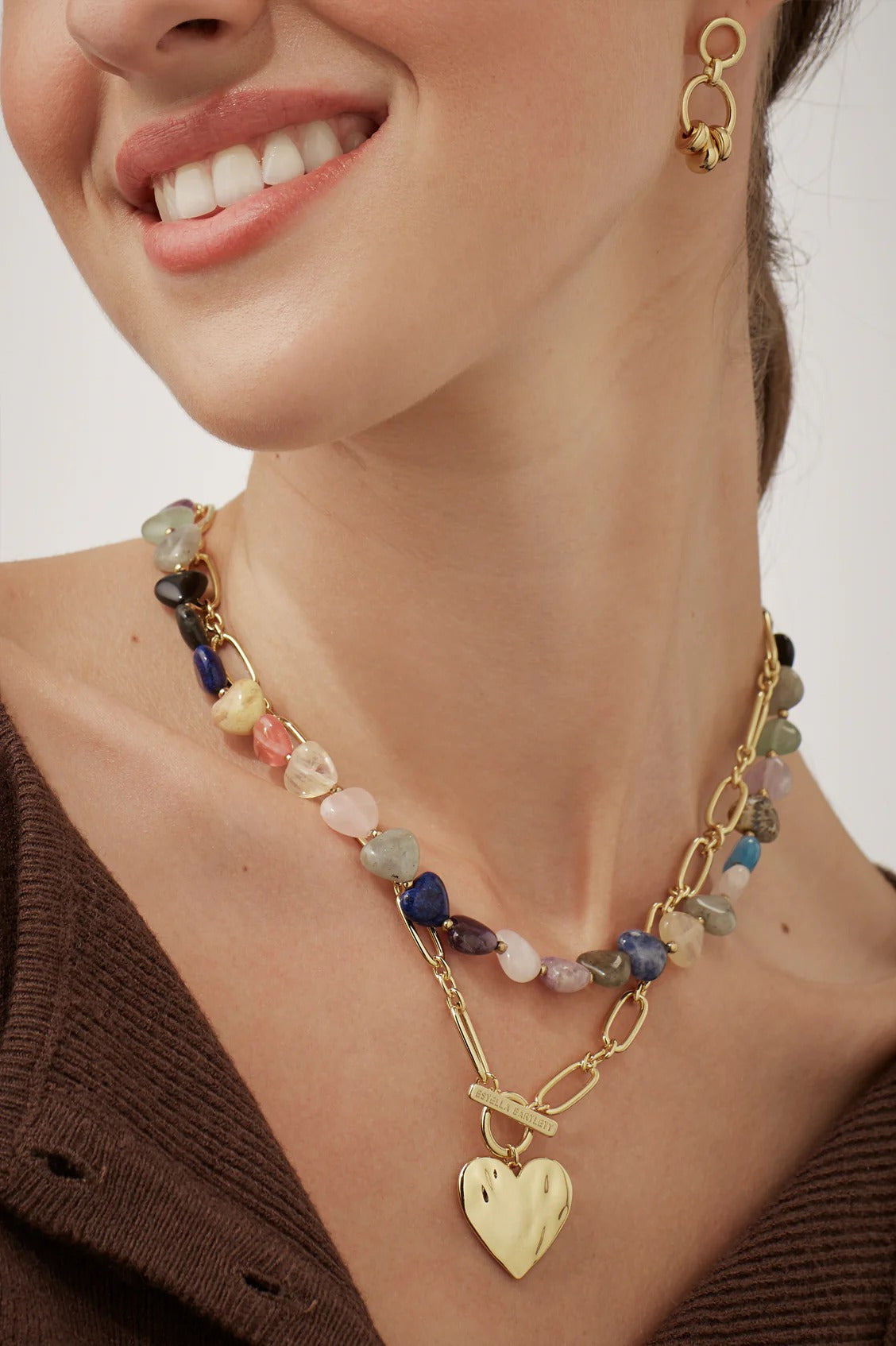 Woman wearing a colorful beaded necklace 