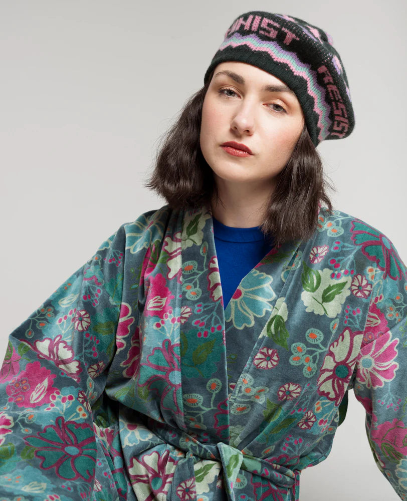 omen’s teal patterned cotton velvet kimono with belt
