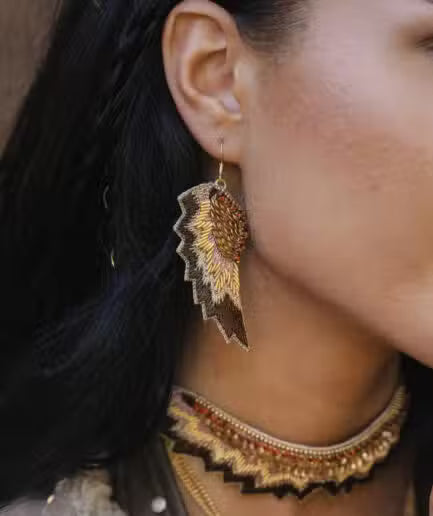 Nahua metallic cocoa drop earrings handcrafted with silk thread and brass beads