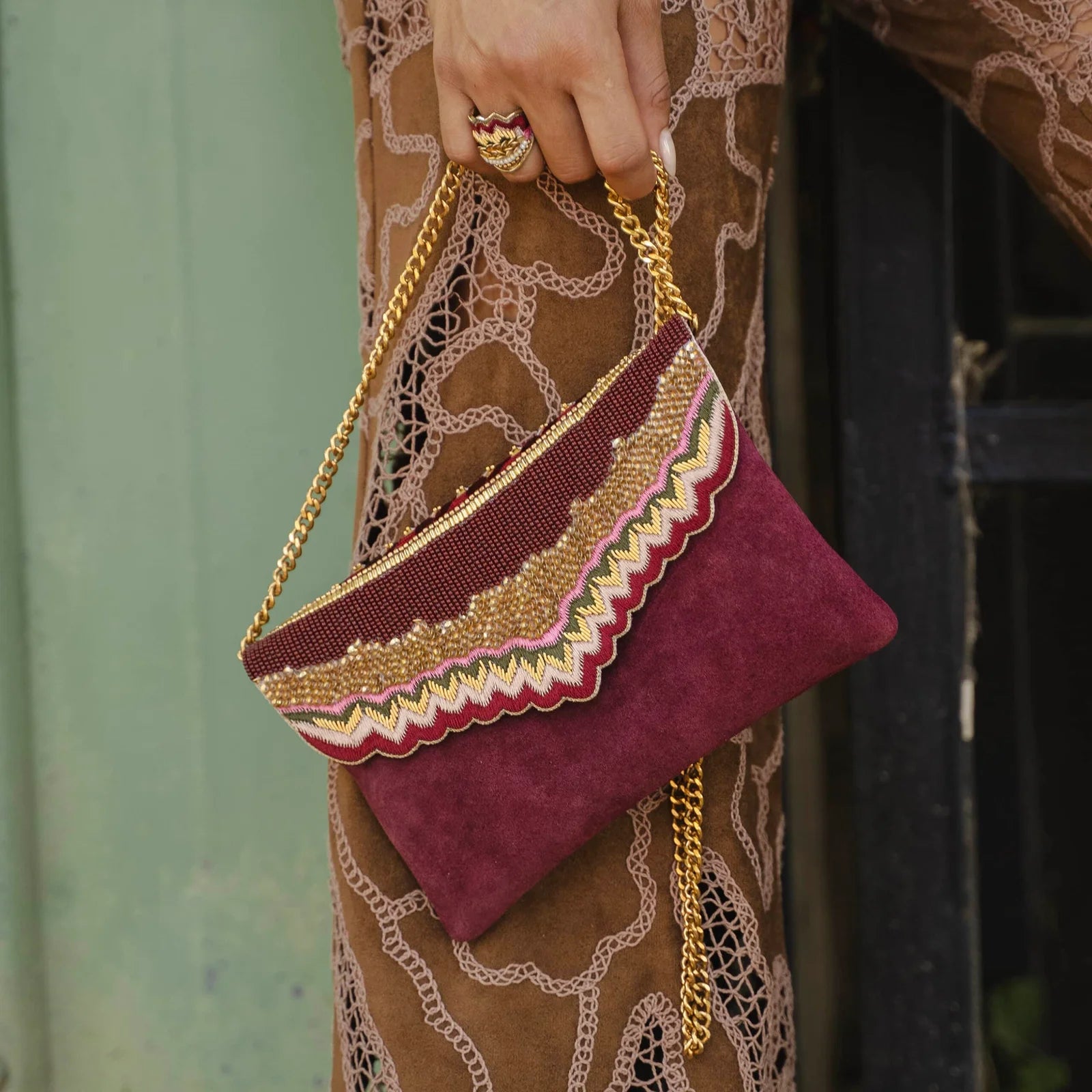 Handcrafted Nahua bag with silk thread and sequins artisan evening bag in burgundy and gold