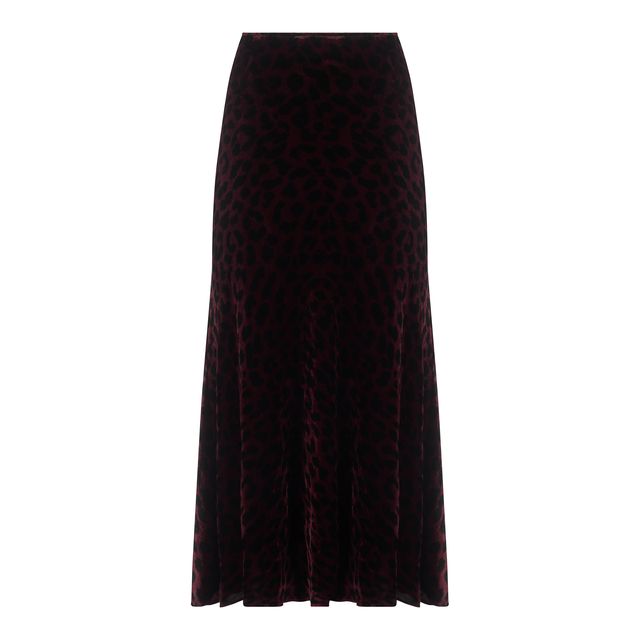 Plum Leopard Print velvet bias cut velvet midi skirt shown back