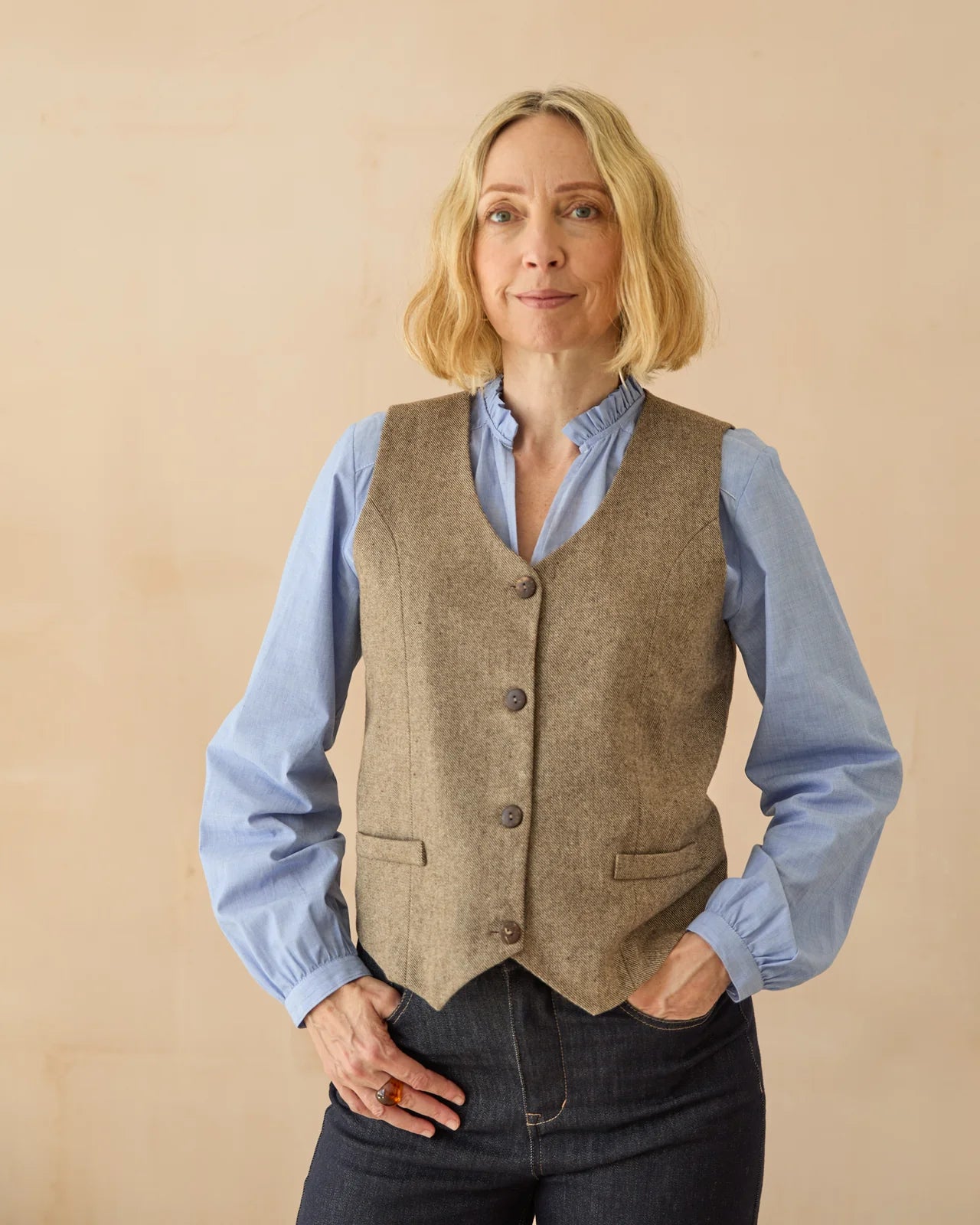 Wendy tweed waistcoat in wool blend with V-neckline